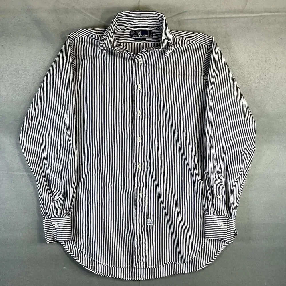 Vintage Polo Ralph Lauren Dress Shirt Mens 15.5-34 Blue White Striped Button 90s